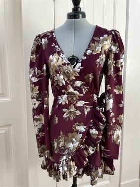 Tularosa Burgundy Floral Wrap Mini Dress with Gold & Cream Blooms